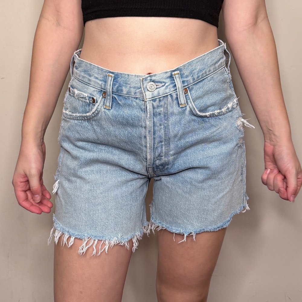 Agolde Light Blue Frayed Hem Jean Shorts